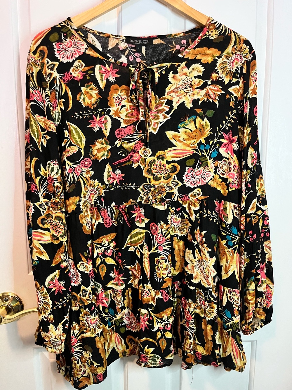 Rachel Zoe Womens Black Floral Long-Sleeve Tiered Tunic Top Sz L